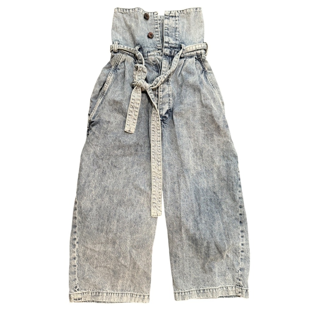 Walk In Dark Women Acid Wash High Rise Paperbag Waist Crop Wide Leg Jeans Blue S